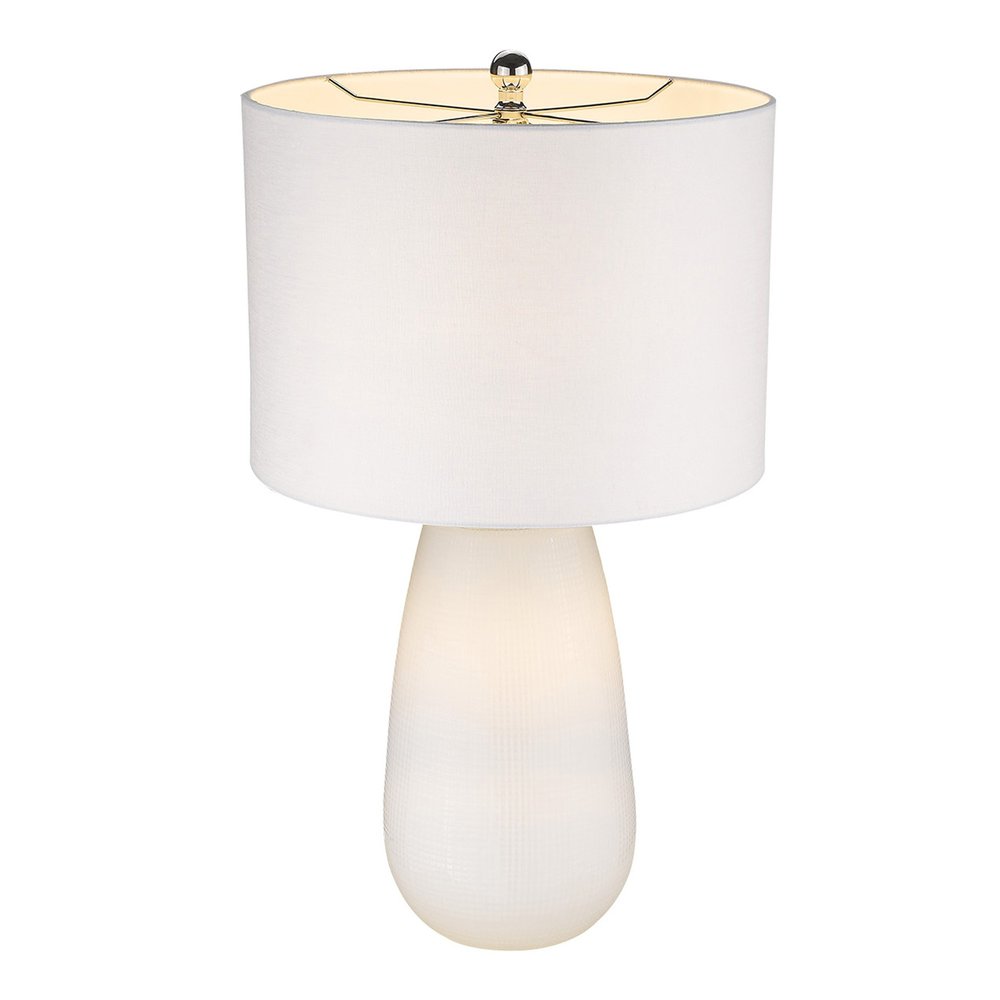 28" White Glass Table Lamp With White Drum Shade. Table lamp isolated on a plain white background, showing a white glass surface.