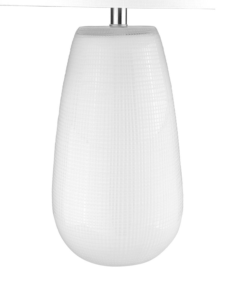 28" White Glass Table Lamp With White Drum Shade. Table lamp isolated on a plain white background, in a white glass finish.