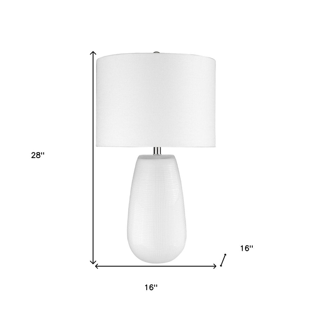 28" White Glass Table Lamp With White Drum Shade. Table lamp isolated on a plain white background, finished in white glass.