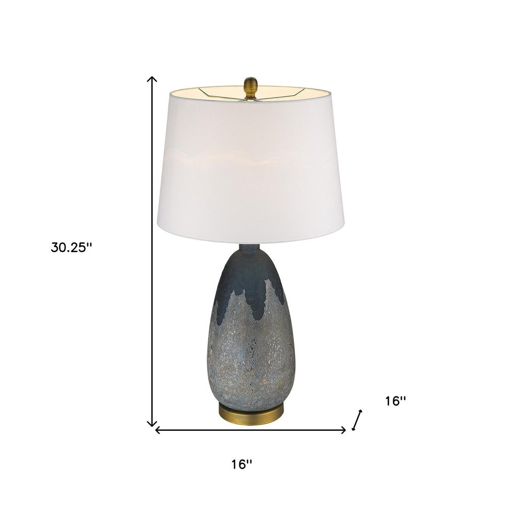 30" Teal Blue Concrete Table Lamp With Cream Empire Shade. Table lamp isolated on a plain white background, in a cream finish.