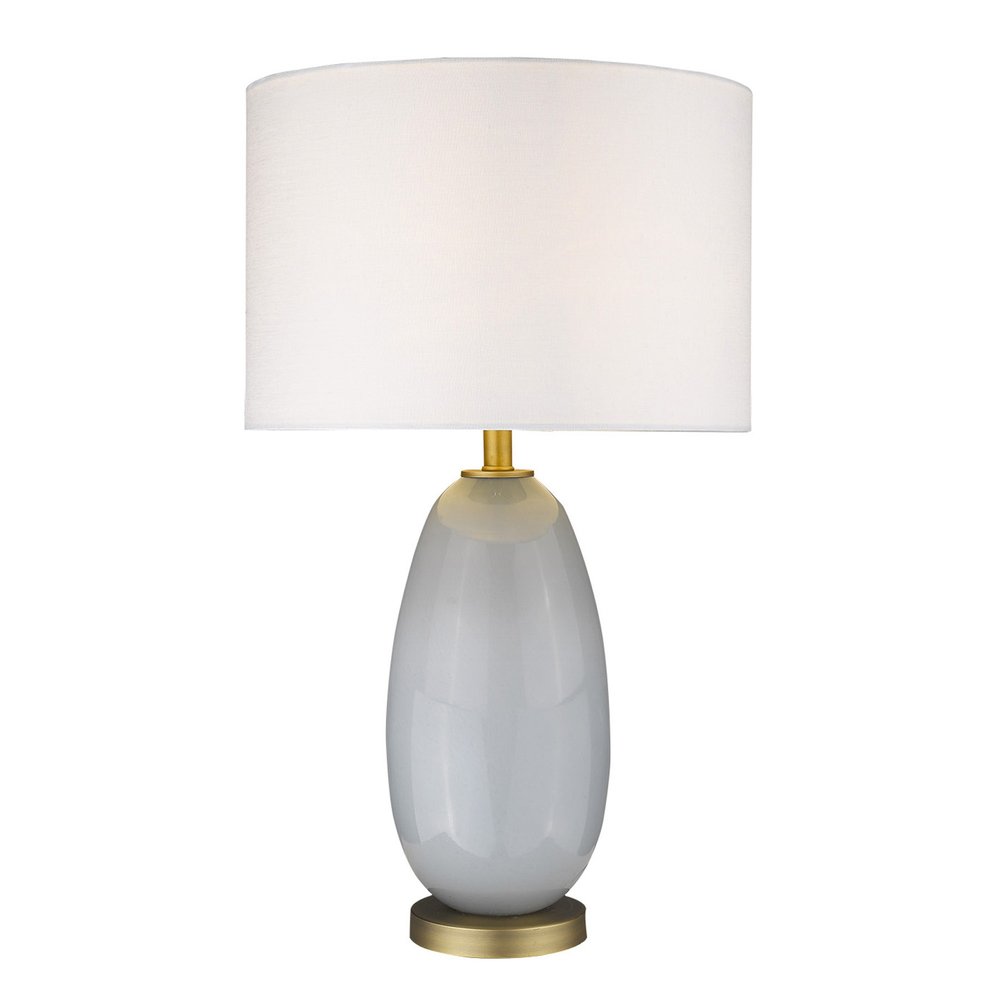 29" Light Gray Glass Table Lamp With White Drum Shade. Table lamp isolated on a plain white background, in a light gray glass finish.