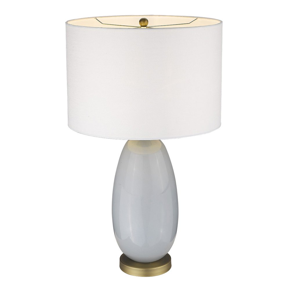 29" Light Gray Glass Table Lamp With White Drum Shade. Table lamp isolated on a plain white background, finished in light gray glass.