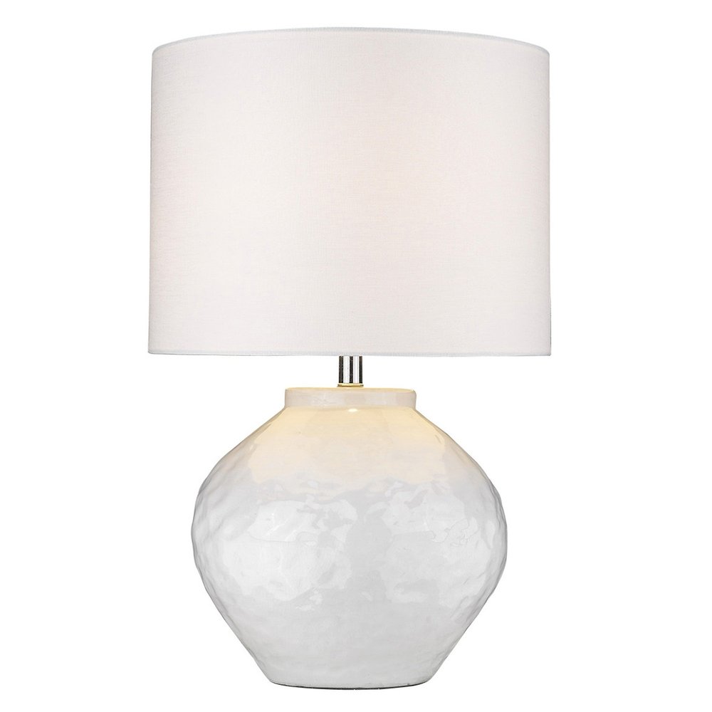 26" White Ceramic Table Lamp With White Drum Shade. Table lamp isolated on a plain white background, finished in white ceramic.