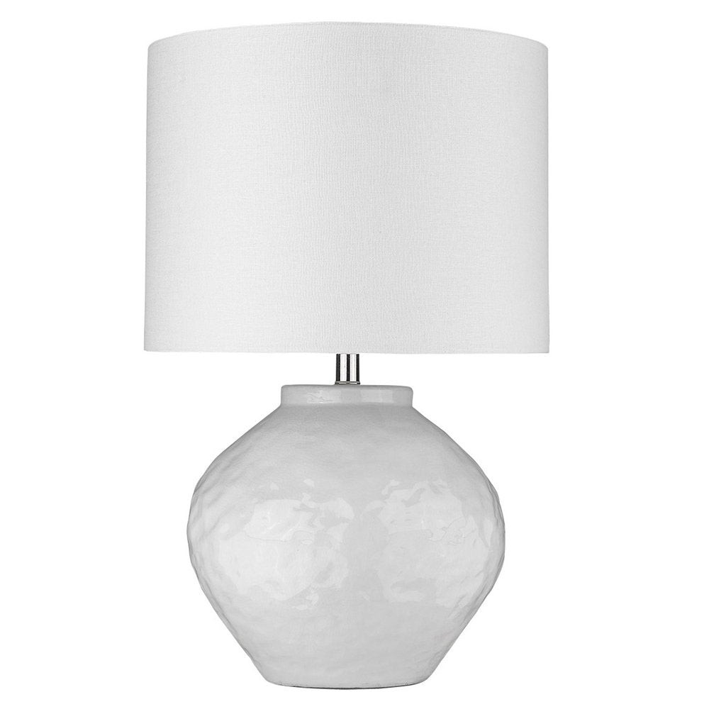 26" White Ceramic Table Lamp With White Drum Shade. Table lamp isolated on a plain white background, in a white ceramic finish.