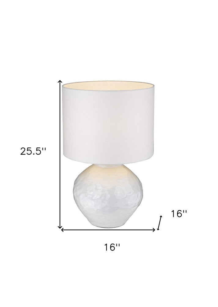 26" White Ceramic Table Lamp With White Drum Shade. Table lamp isolated on a plain white background, finished in white ceramic.
