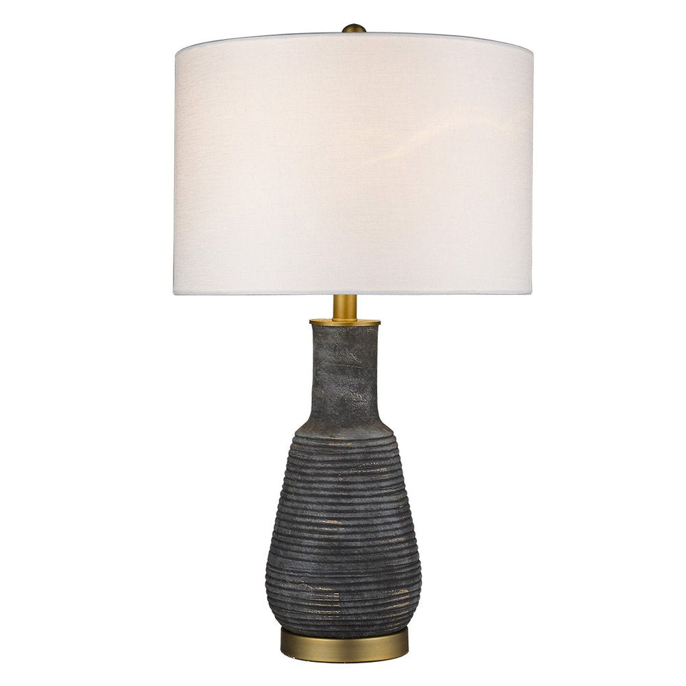 26" Distressed Black and Gold Ceramic Table Lamp With White Drum Shade. Table lamp isolated on a plain white background, in a black ceramic finish.