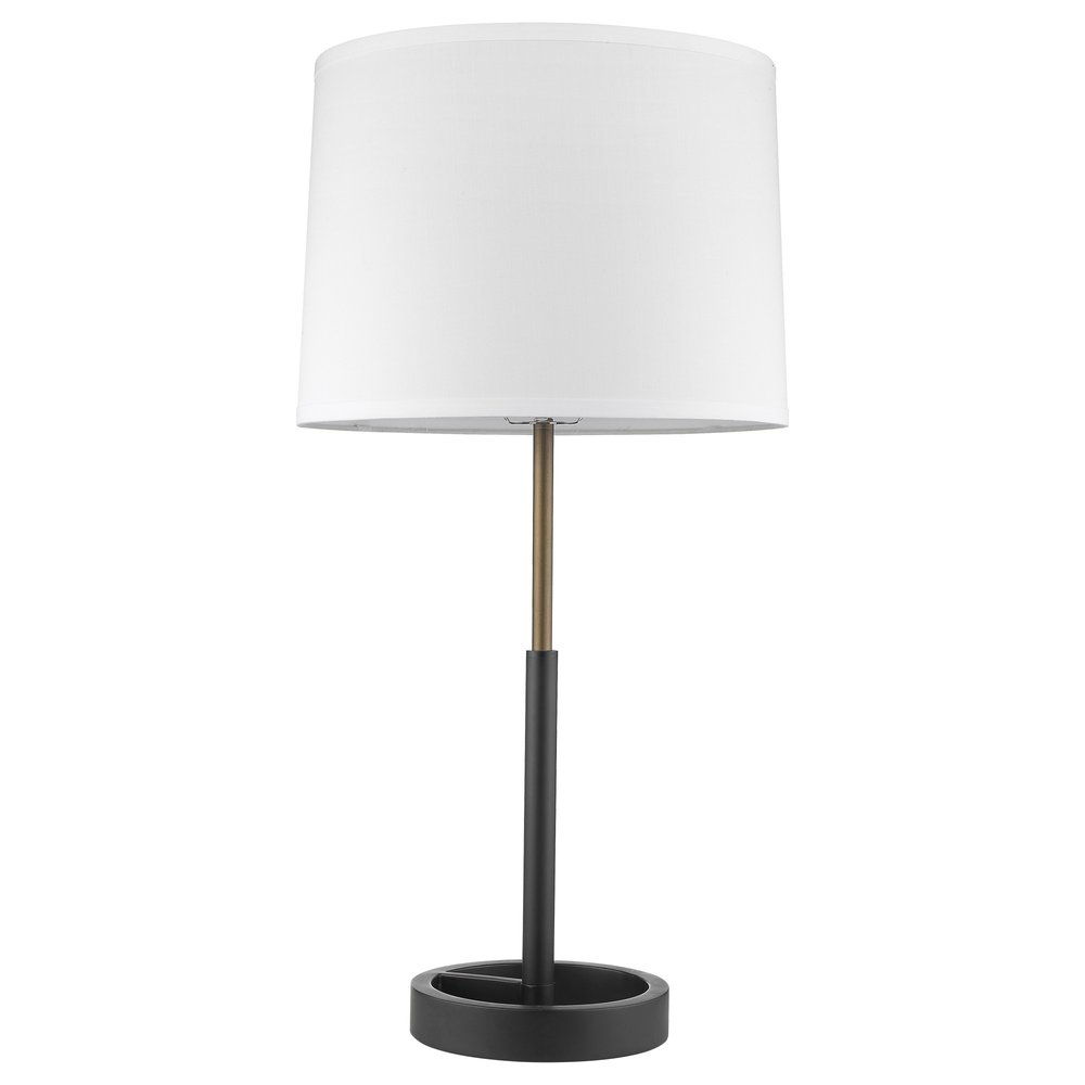 31" Black and Gold Metal Table Lamp With White Empire Shade. Table lamp isolated on a plain white background, showing a black metal surface.
