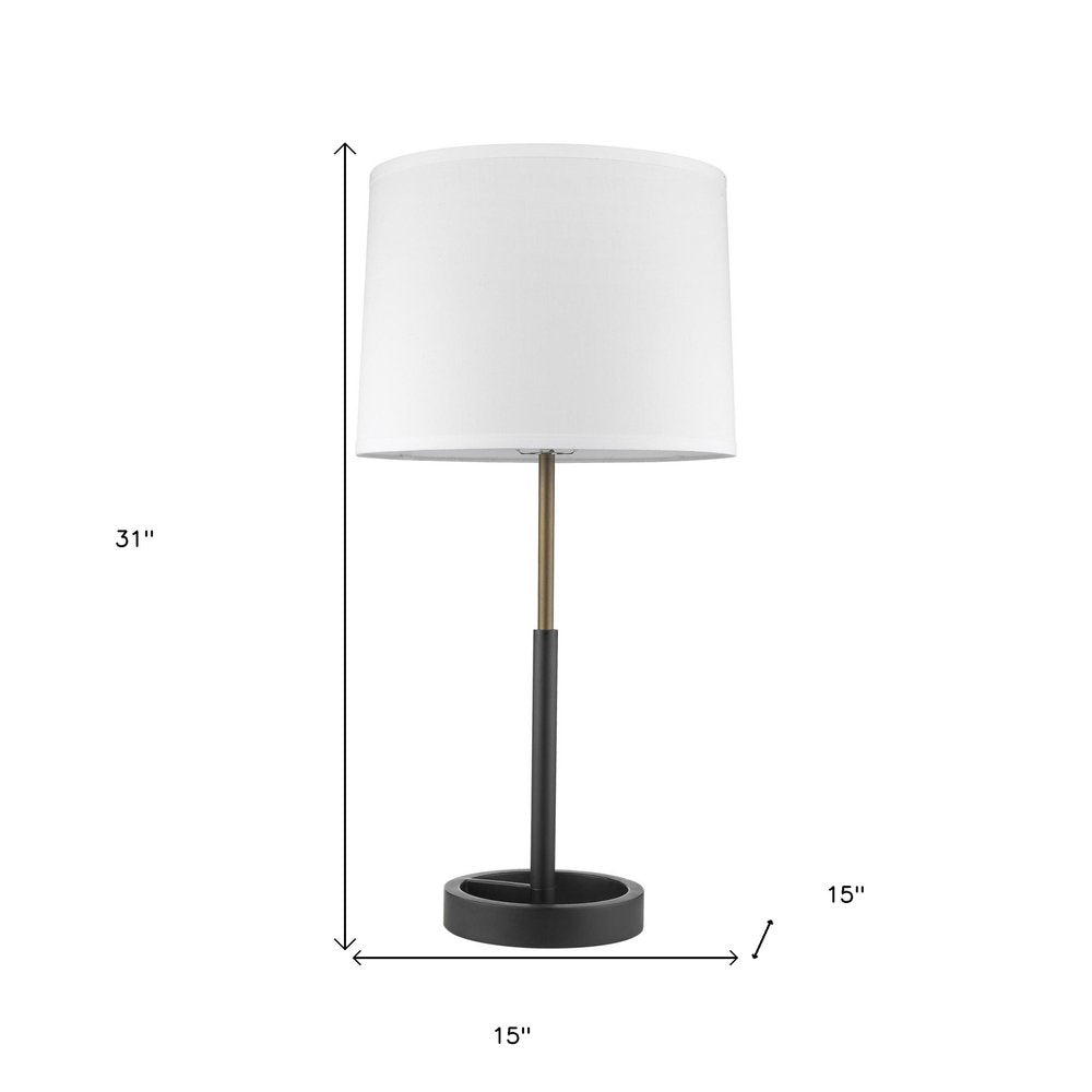 31" Black and Gold Metal Table Lamp With White Empire Shade. Table lamp isolated on a plain white background, finished in black metal.