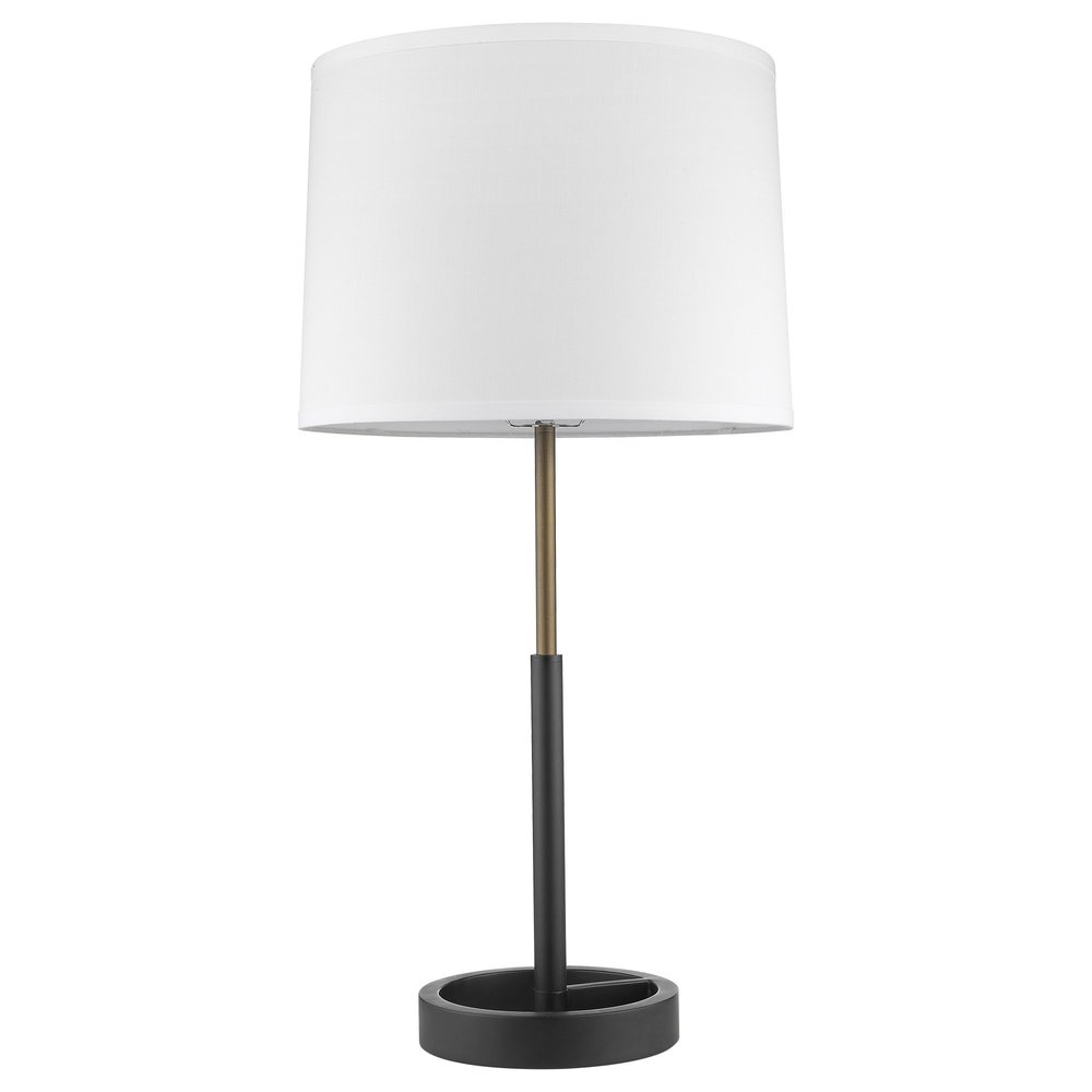 31" Black and Gold Metal Table Lamp With White Empire Shade. Table lamp isolated on a plain white background, in a black metal finish.