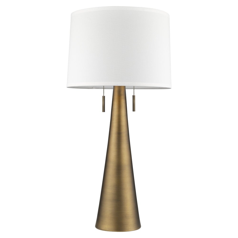 34" Brass Metal Two Light Table Lamp With White Empire Shade. Table lamp isolated on a plain white background, in a white metal finish.