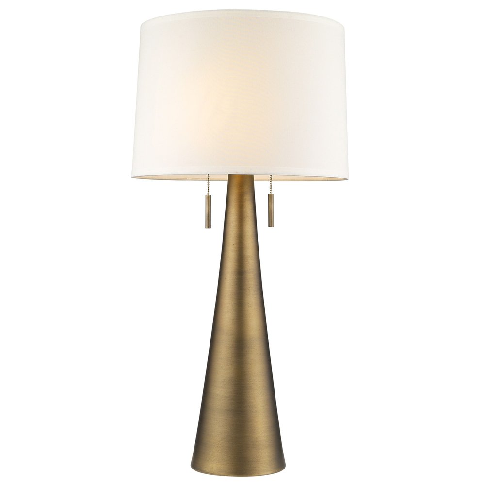 34" Brass Metal Two Light Table Lamp With White Empire Shade. Table lamp isolated on a plain white background, showing a white metal surface.
