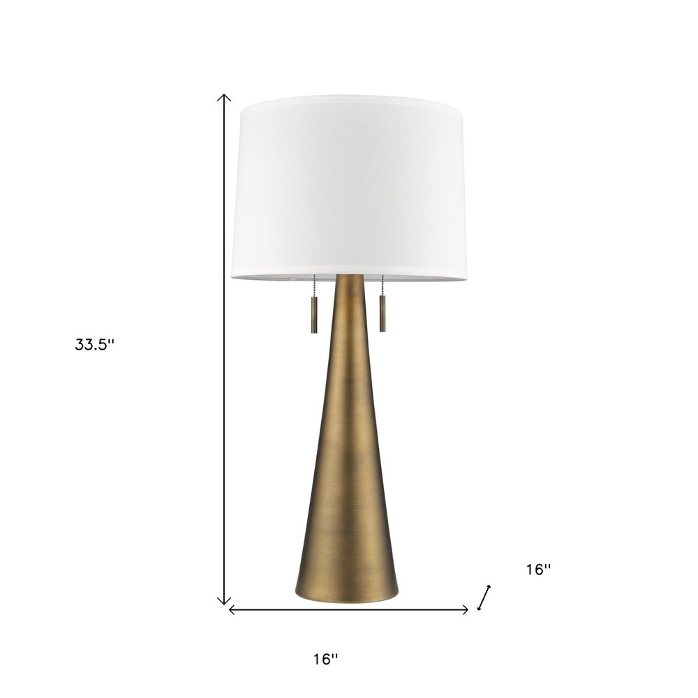 34" Brass Metal Two Light Table Lamp With White Empire Shade. Table lamp isolated on a plain white background, showing a white metal surface.