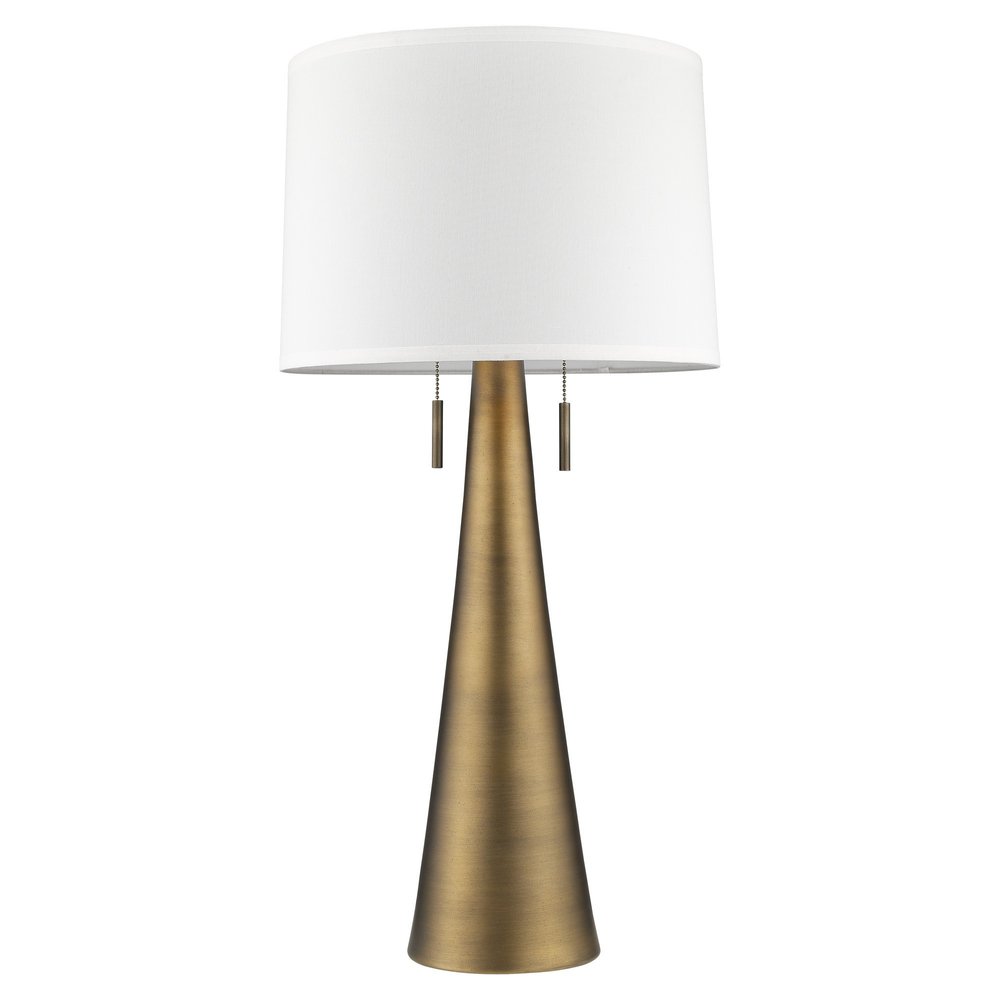 34" Brass Metal Two Light Table Lamp With White Empire Shade. Table lamp isolated on a plain white background, finished in white metal.