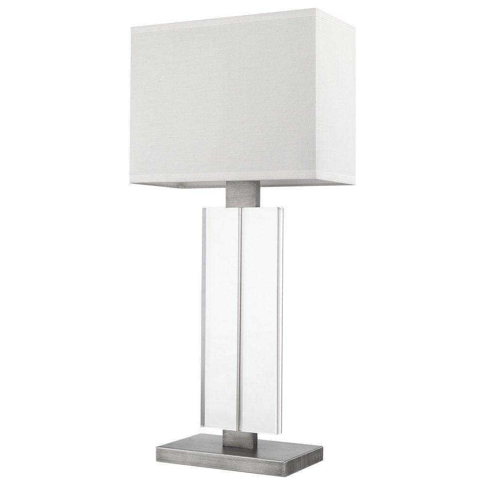31" Silver Metal and Acrylic Buffet Lamp With White Shade. Lamp isolated on a plain white background, in a silver metal finish.