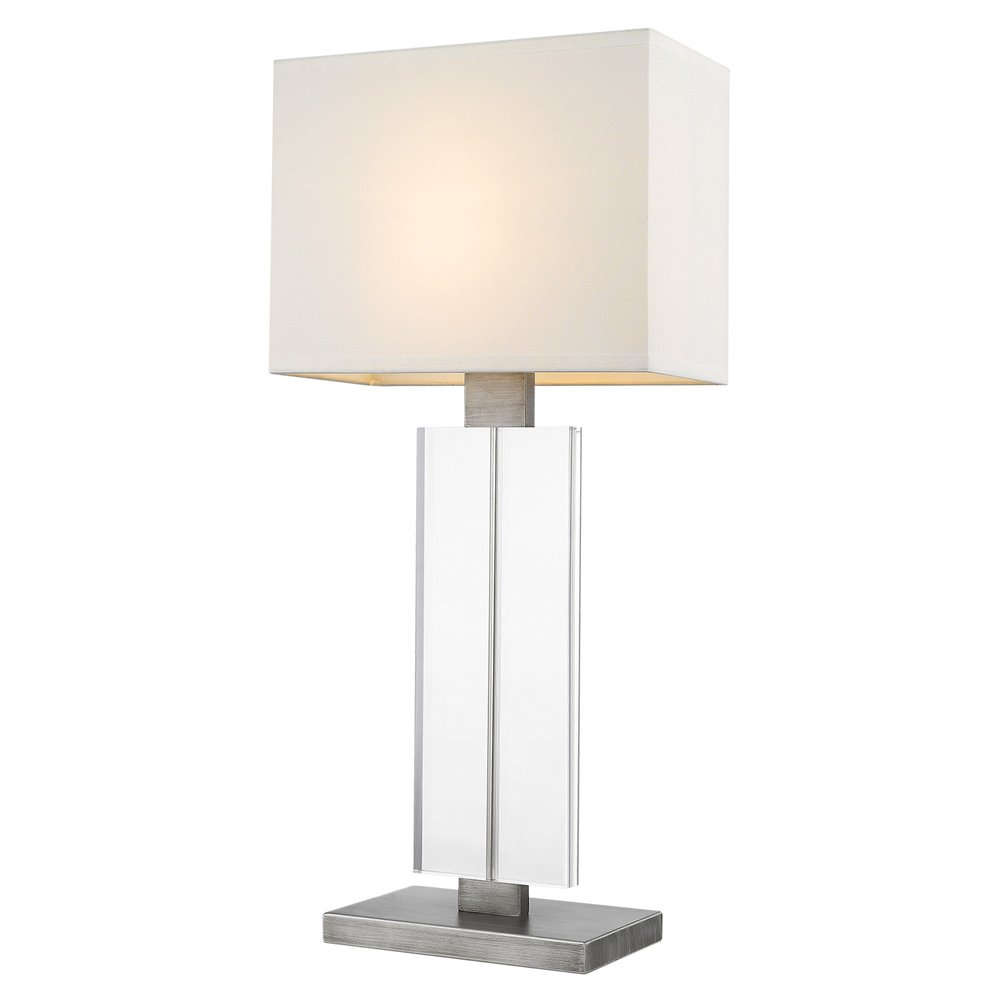 31" Silver Metal and Acrylic Buffet Lamp With White Shade. Lamp isolated on a plain white background, finished in silver metal.