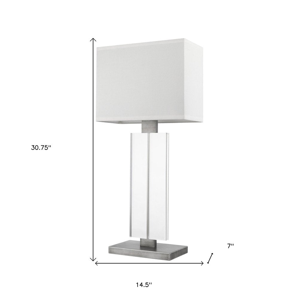 31" Silver Metal and Acrylic Buffet Lamp With White Shade. Lamp isolated on a plain white background, showing a silver metal surface.