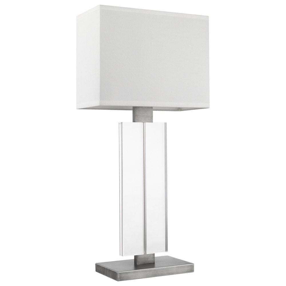 31" Silver Metal and Acrylic Buffet Lamp With White Shade. Lamp isolated on a plain white background, finished in silver metal.