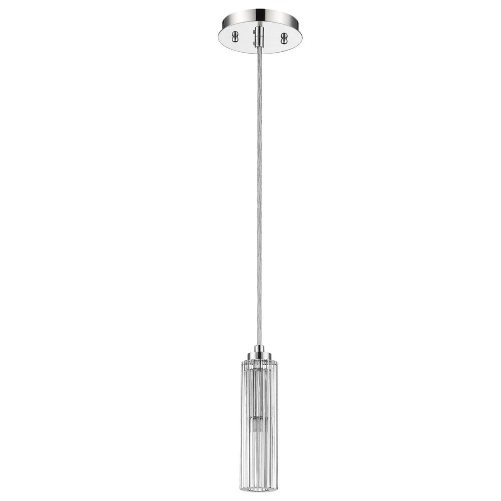 Polished chrome pendant light with a clear crystal shade hanging from a thin cable against a white background.