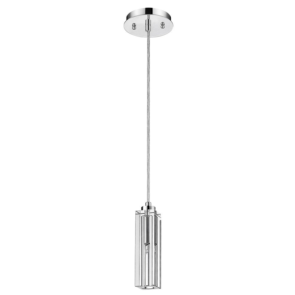 Polished chrome pendant light with a square cut crystal shade hanging from a cable against a white background.