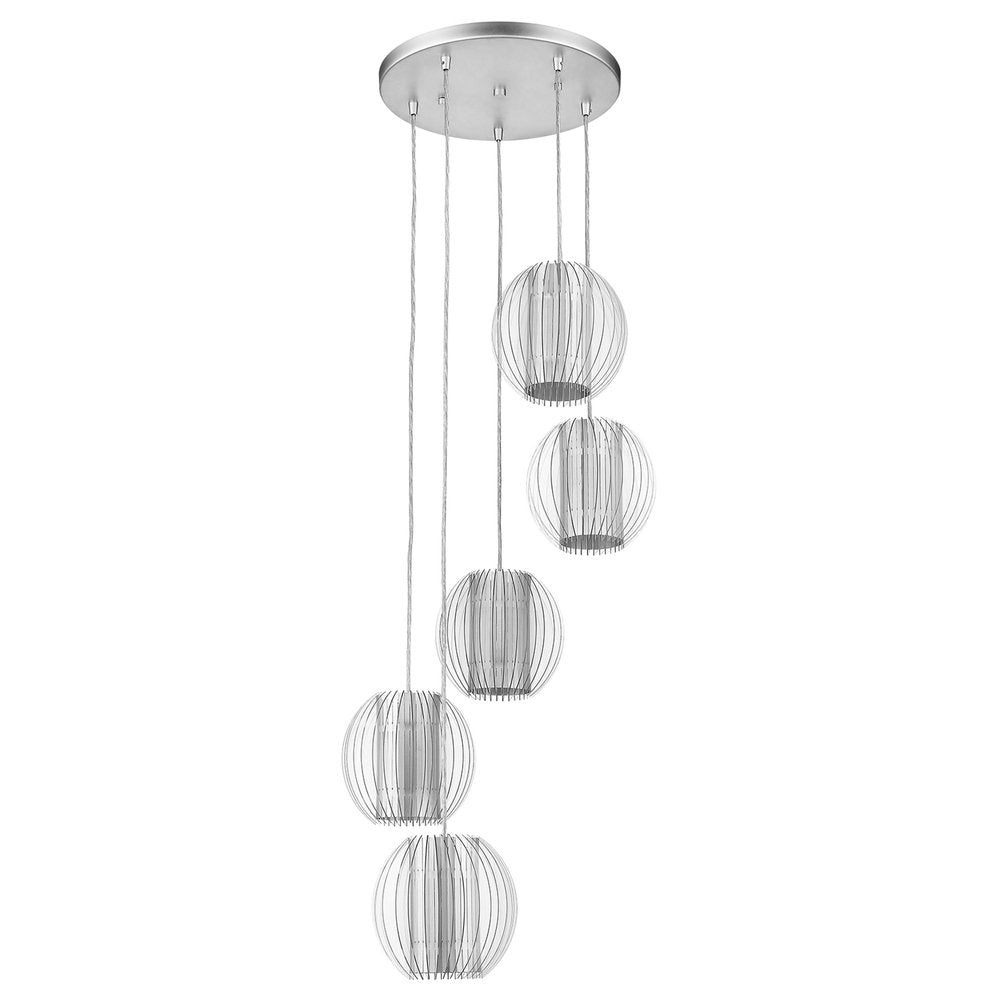 Five Light Acrylic and Steel Shade Hanging Globe Light on a white background