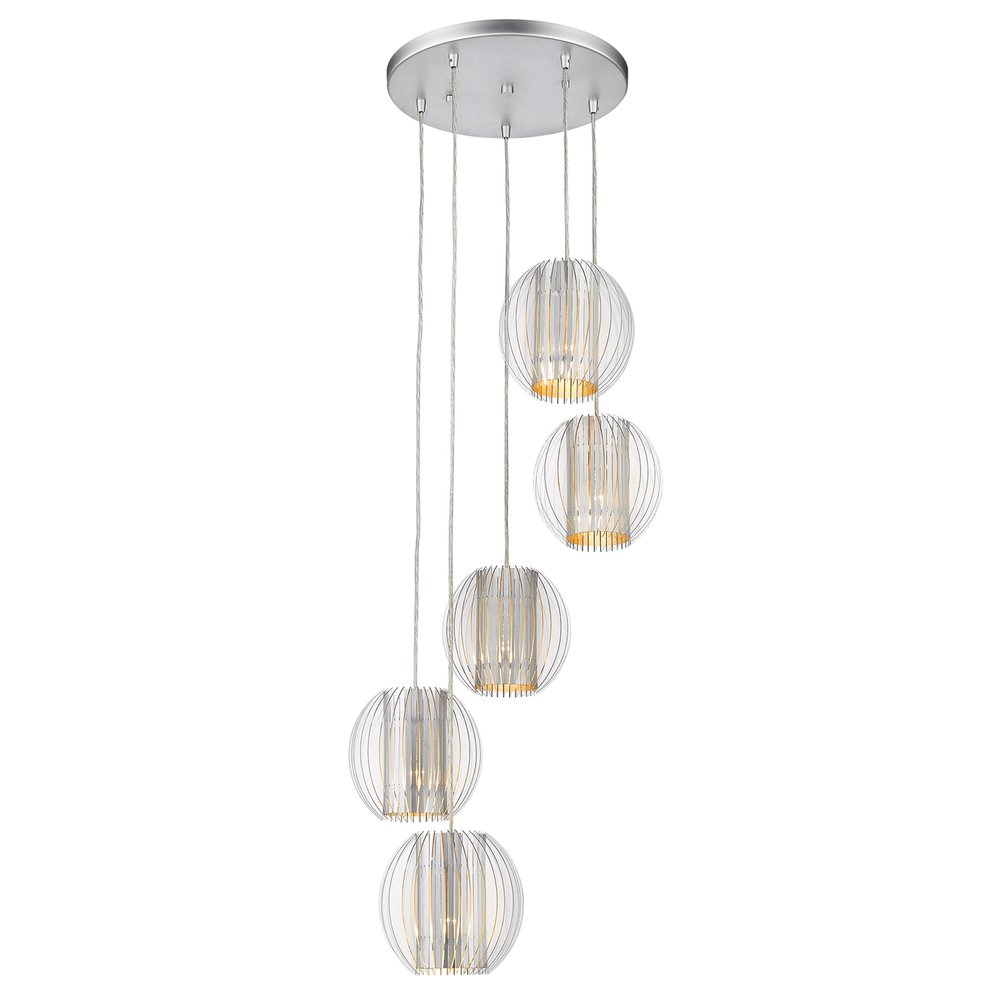 Five Light Acrylic and Steel Shade Hanging Globe Light on a white background