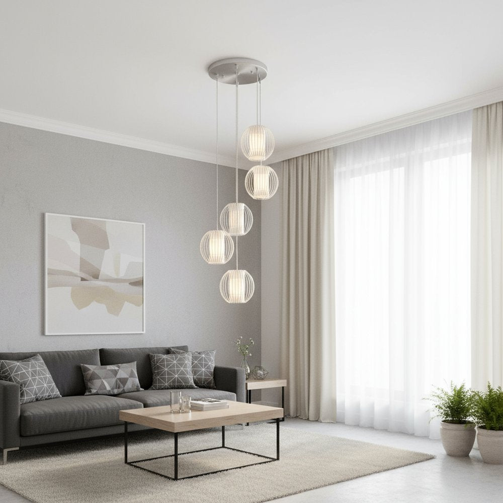 Five Light Acrylic and Steel Shade Hanging Globe Light in a home interior