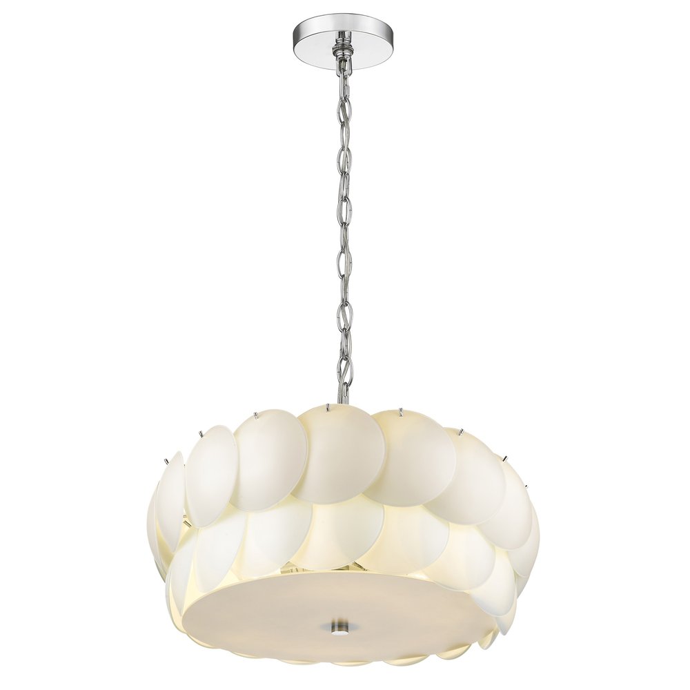 Selene 6-Light Polished Chrome Pendant With Overlapping Frosted White Glass Discs Shade on a white background