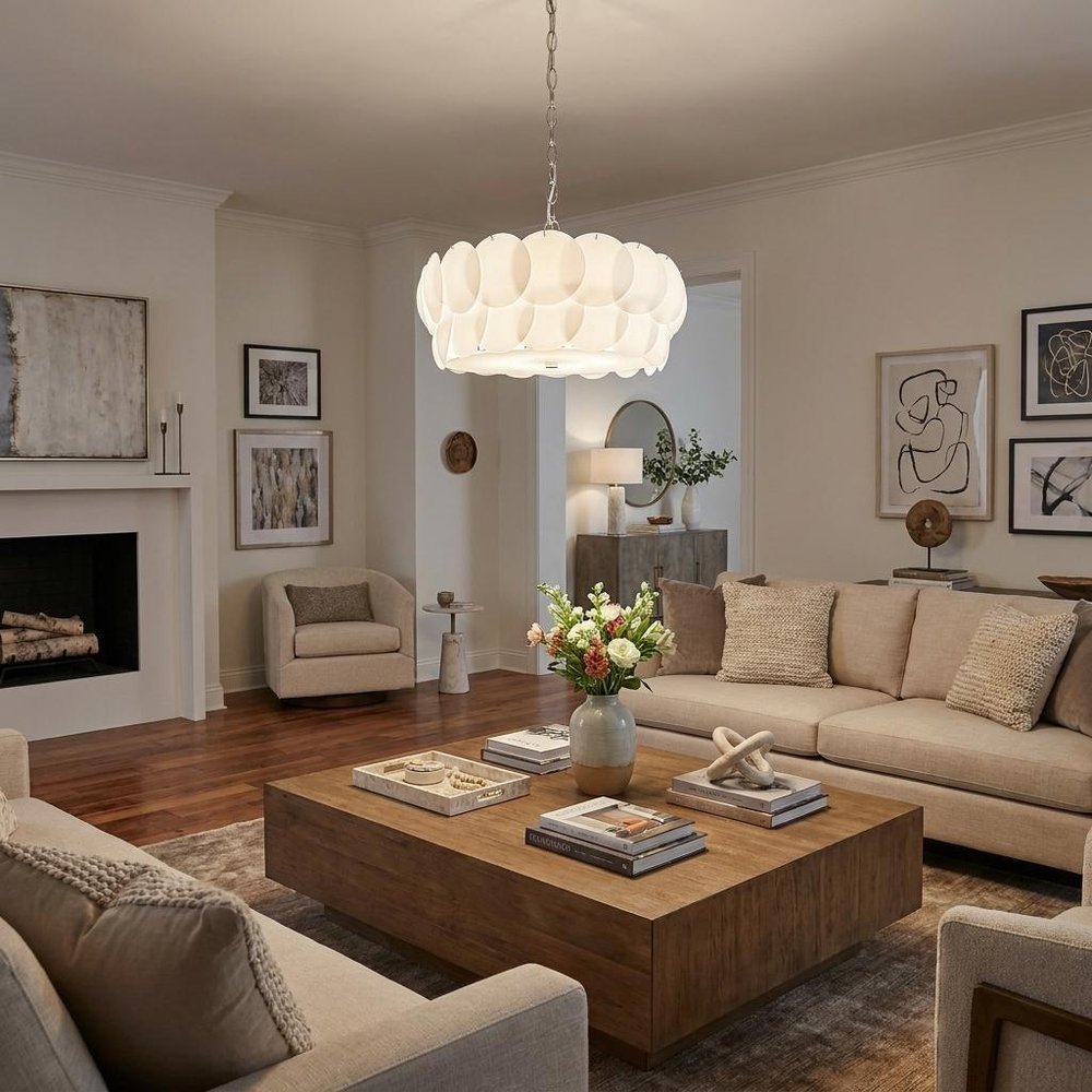 Selene 6-Light Polished Chrome Pendant With Overlapping Frosted White Glass Discs Shade in a home interior