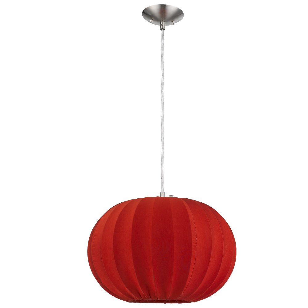 A red fabric pendant light with a brushed nickel ceiling mount and cord, isolated on a white background.