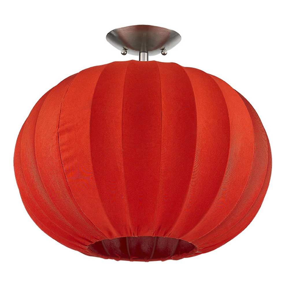 Shanghai 1-Light Brushed Nickel Pendant With Sheer Red Ribbon Shade on a white background