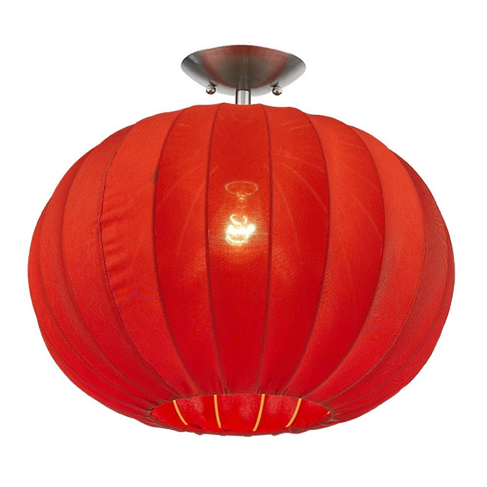 Shanghai 1-Light Brushed Nickel Pendant With Sheer Red Ribbon Shade on a white background