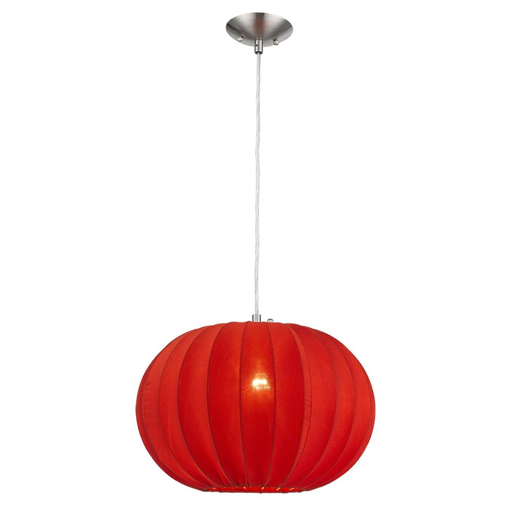 Shanghai 1-Light Brushed Nickel Pendant With Sheer Red Ribbon Shade on a white background