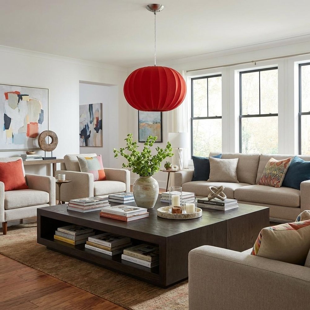 Shanghai 1-Light Brushed Nickel Pendant With Sheer Red Ribbon Shade in a home interior