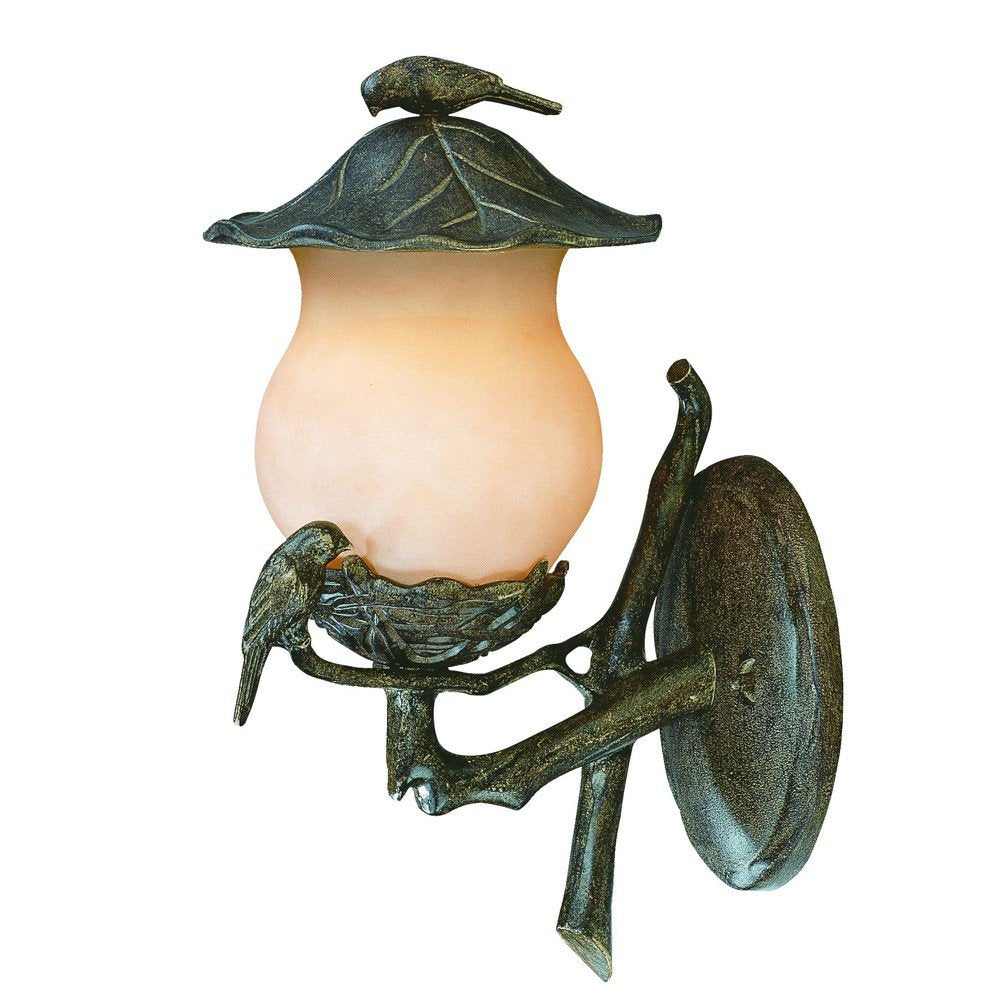 A vintage black and gold wall light with a frosted glass lantern, a bird on the roof, and a bird feeding chicks in a nest on a branch.