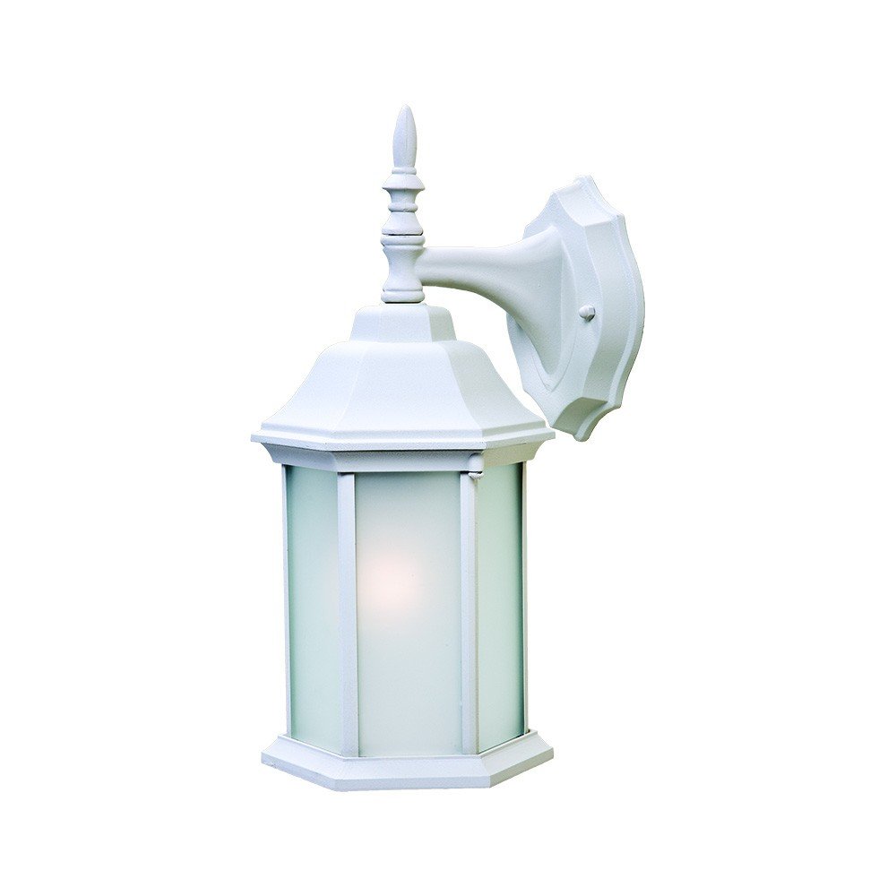 White outdoor swing arm wall light with frosted glass lantern and decorative finial on a white background.