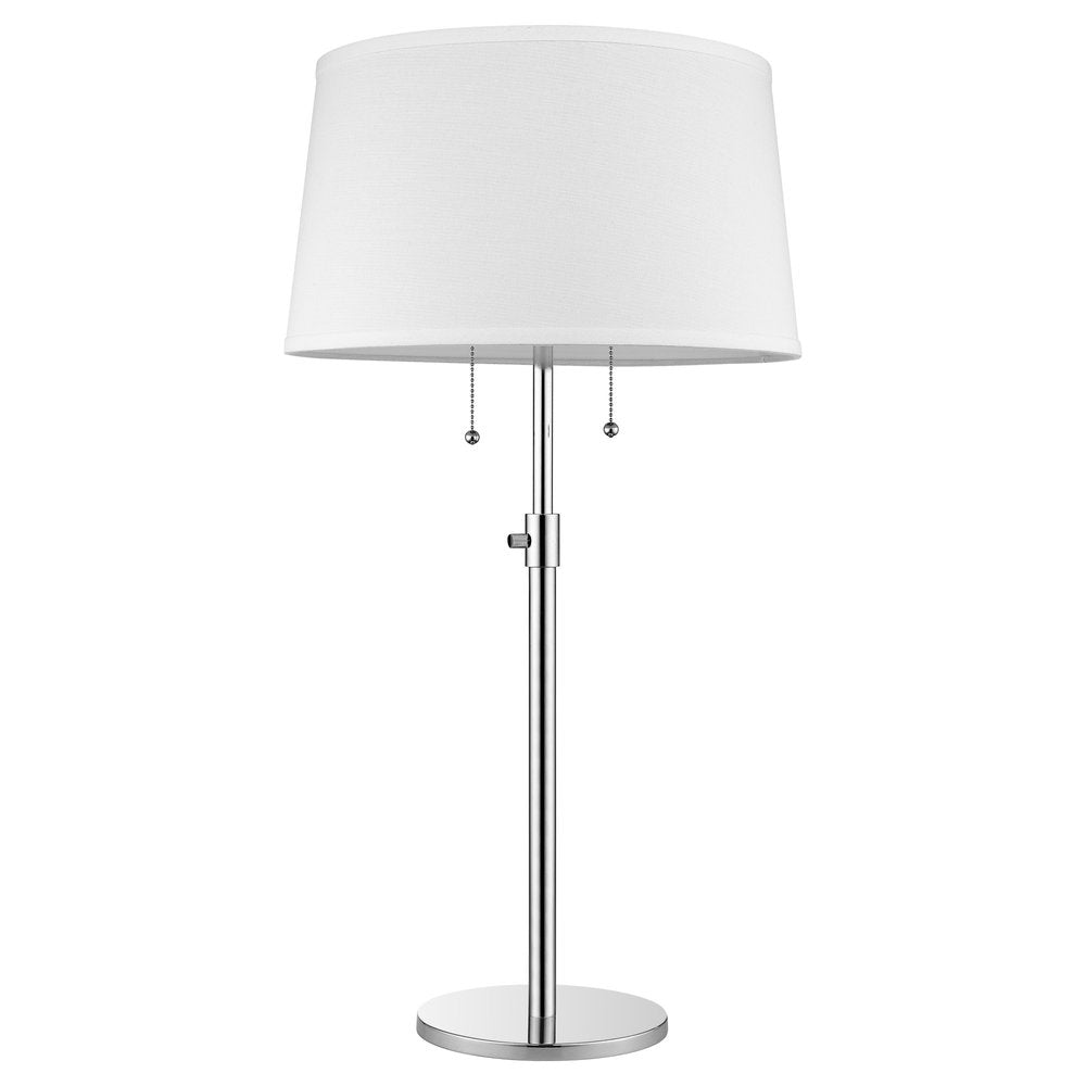 31" Silver Metal Two Light Adjustable Table Lamp With White Empire Shade. Table lamp isolated on a plain white background, showing a silver metal surface.