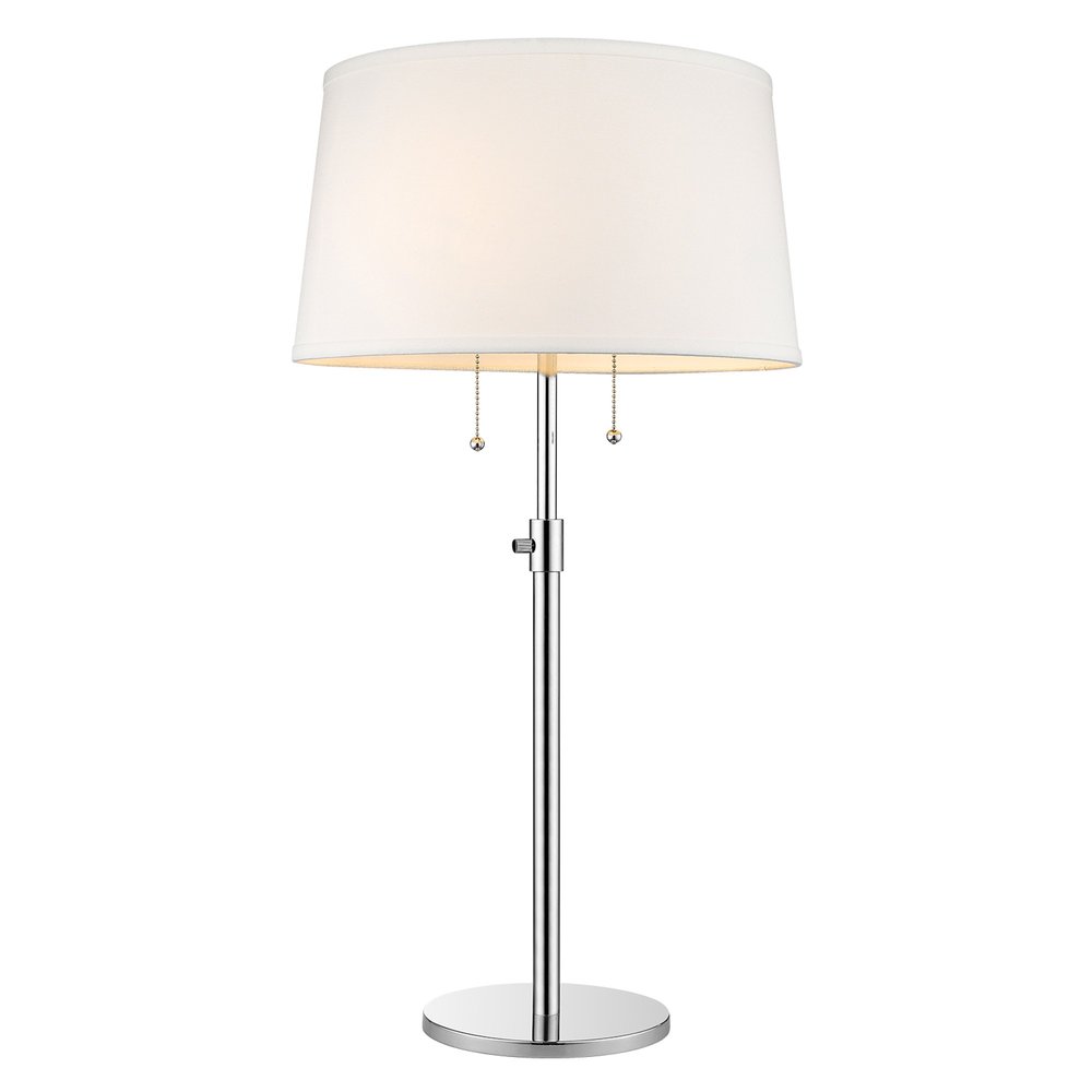 31" Silver Metal Two Light Adjustable Table Lamp With White Empire Shade. Table lamp isolated on a plain white background, in a silver metal finish.