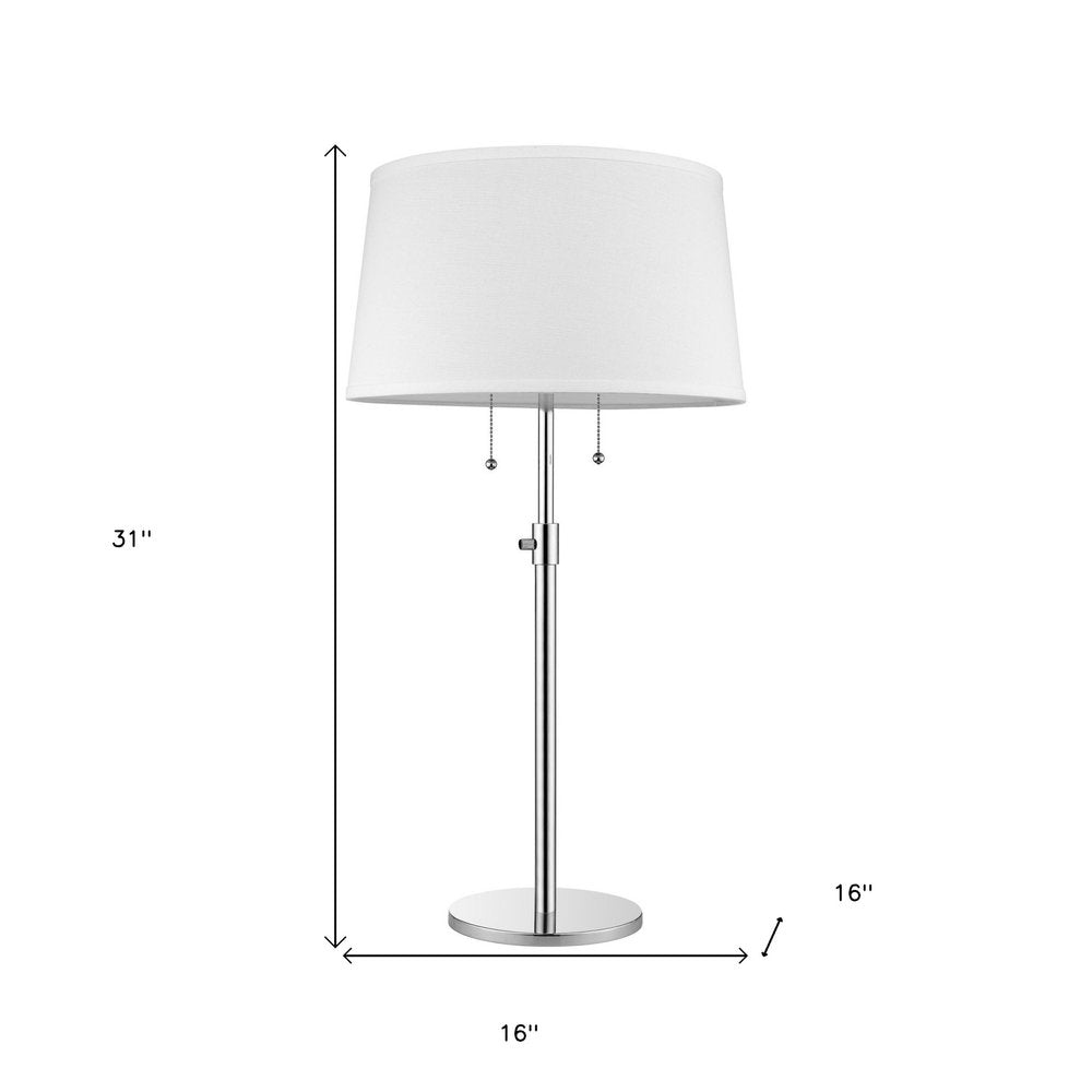 31" Silver Metal Two Light Adjustable Table Lamp With White Empire Shade. Table lamp isolated on a plain white background, finished in silver metal.