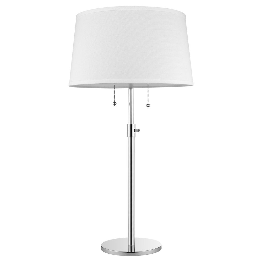 31" Silver Metal Two Light Adjustable Table Lamp With White Empire Shade. Table lamp isolated on a plain white background, in a silver metal finish.