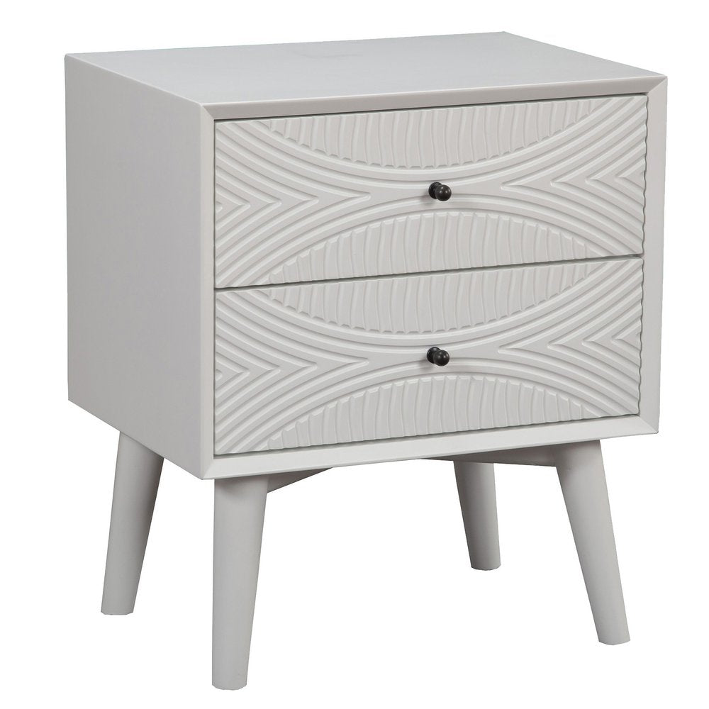 A light gray two-drawer nightstand with carved drawer fronts and tapered legs on a white background.