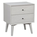 A light gray two-drawer nightstand with carved drawer fronts and tapered legs on a white background.