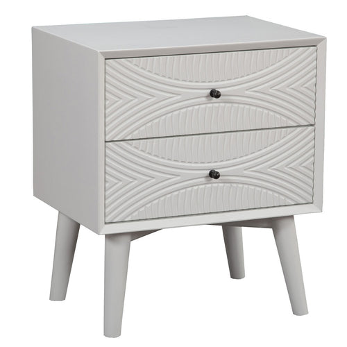 A light gray two-drawer nightstand with carved drawer fronts and tapered legs on a white background.