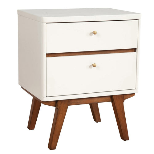 White two-drawer nightstand with wood accents and tapered legs on a white background.