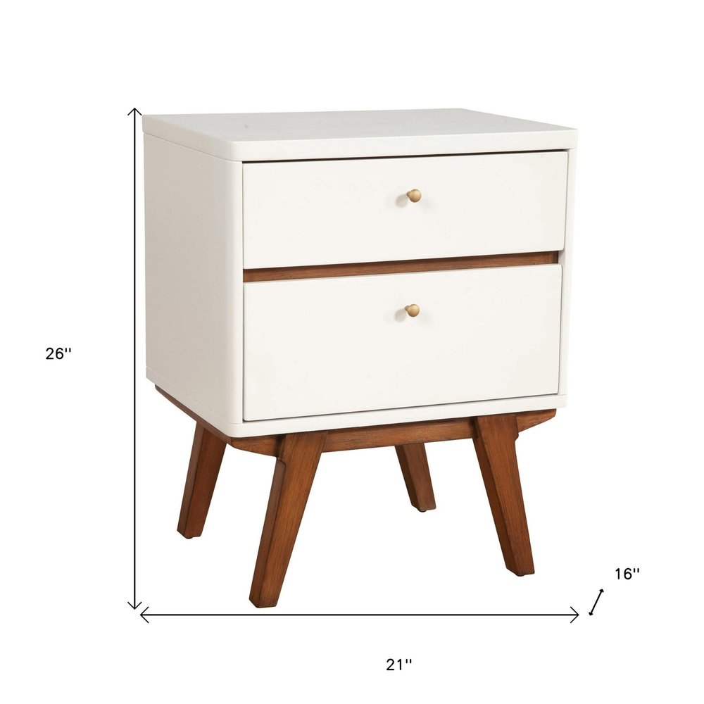 26" White Two Drawer Wood Nightstand. Nightstands & bedside table isolated on a plain white background, finished in white wood.