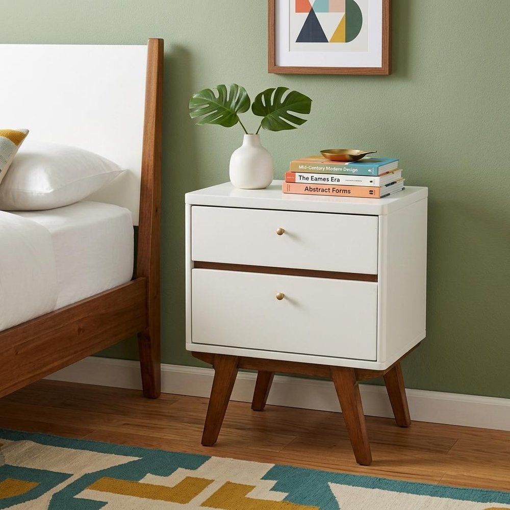 26" White Two Drawer Wood Nightstand styled in a furnished interior with a sage wall on a dark wood floor.