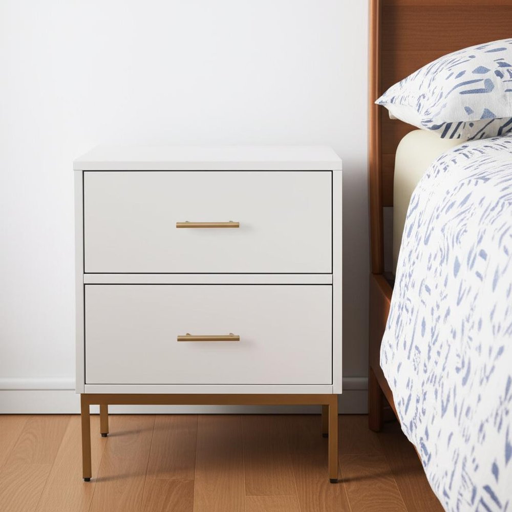 26" White And Gold Wood And Metal Two Drawer Nightstand. Nightstands & bedside table in white metal.