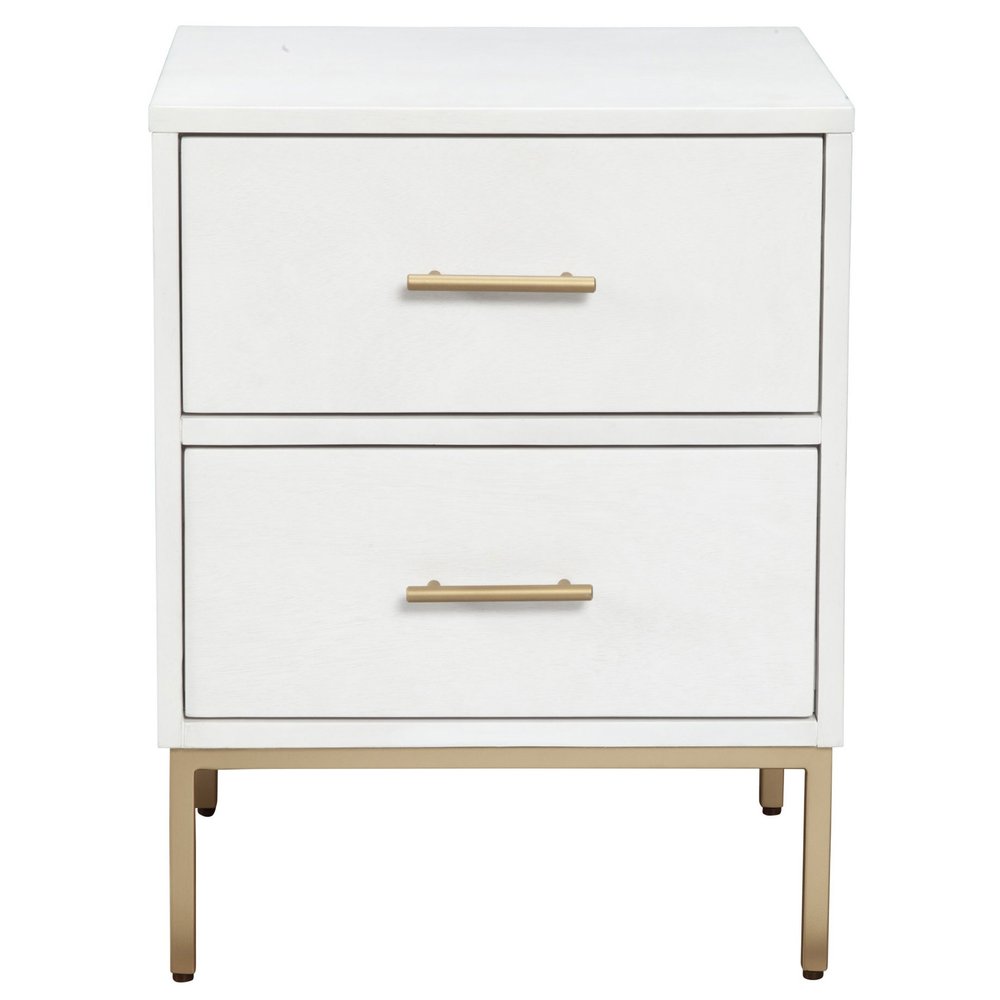 26" White And Gold Wood And Metal Two Drawer Nightstand. Nightstands & bedside table isolated on a plain white background, showing a gold metal surface.