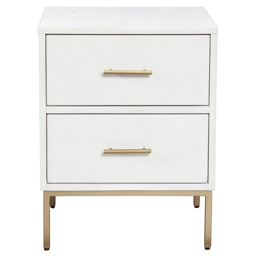 White wood two-drawer nightstand with gold metal legs and drawer pulls against a white background.