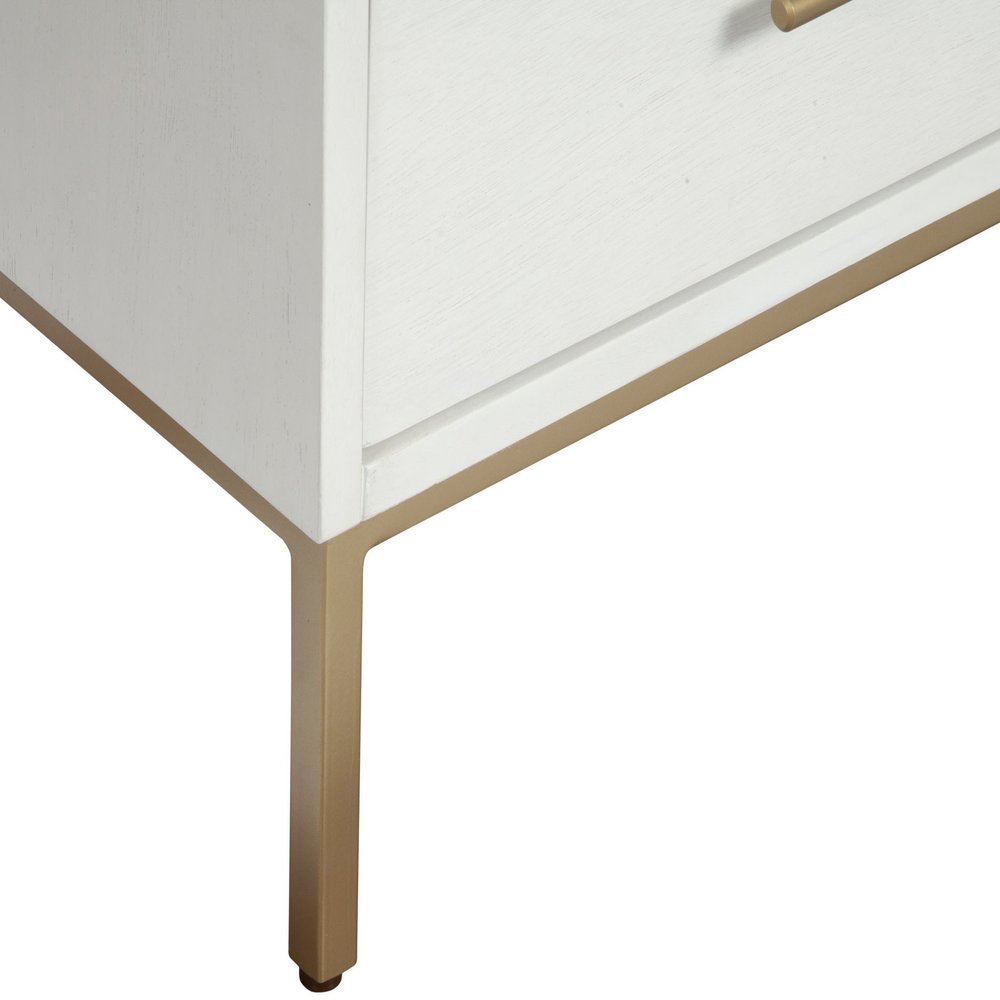 26" White And Gold Wood And Metal Two Drawer Nightstand. Nightstands & bedside table isolated on a plain white background, in a gold metal finish.