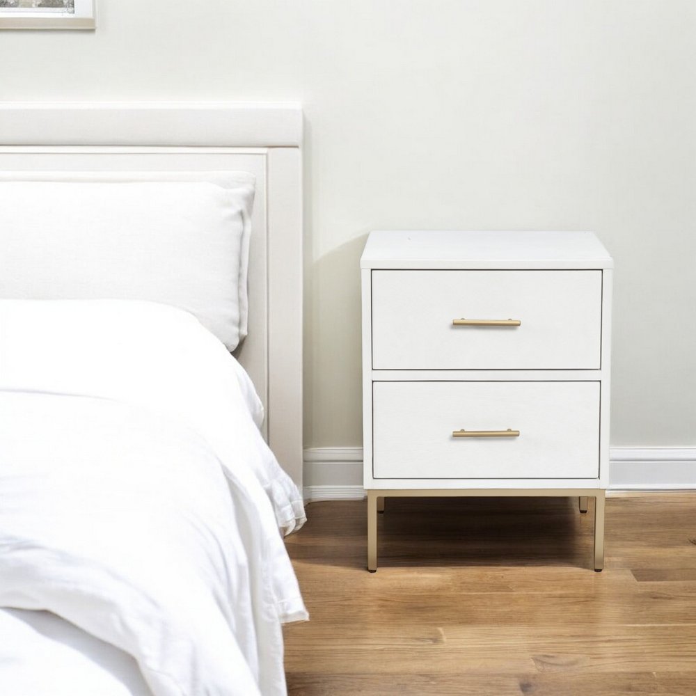 26" White And Gold Wood And Metal Two Drawer Nightstand. Nightstands & bedside table in gold metal.